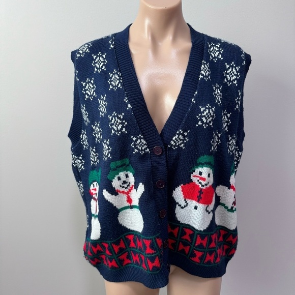 Cabin Creek Snowman Snow Flake Winter Christmas Holiday Vest Blue Large Knit - Picture 1 of 4